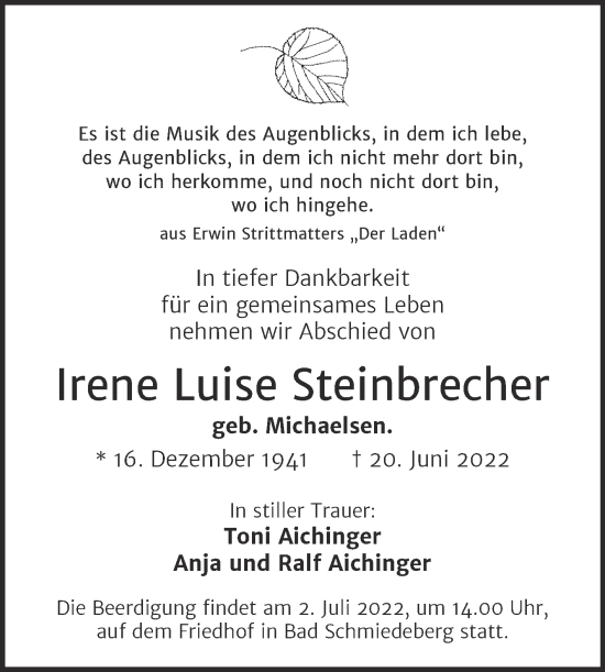 Traueranzeige von Irene Luise Steinbrecher von Trauerkombi Wittenberg