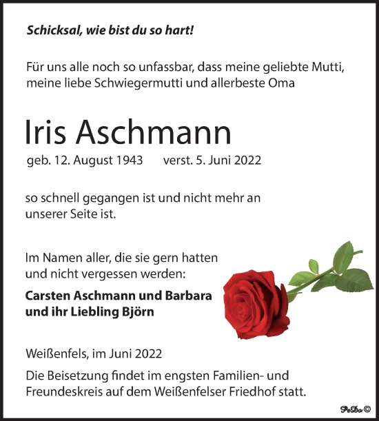 Traueranzeige von Iris Aschmann von Trauerkombi Weißenfels