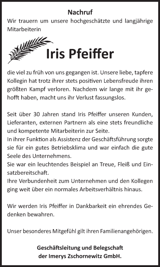 Traueranzeige von Iris Pfeiffer von Super Sonntag Wittenberg
