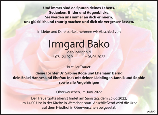 Traueranzeige von Irmgard Bako von Trauerkombi Weißenfels