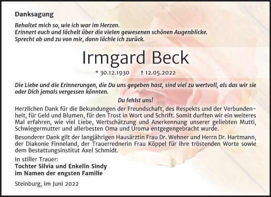 Traueranzeige von Irmgard Beck von Wochenspiegel Naumburg/Nebra
