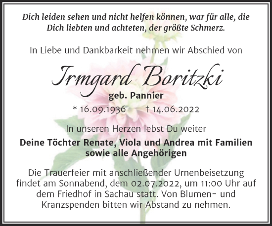 Traueranzeige von Irmgard Boritzki von Trauerkombi Wittenberg