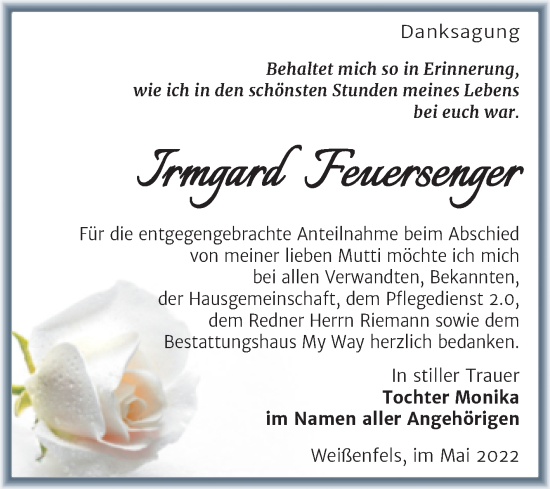 Traueranzeige von Irmgard Feuersenger von Trauerkombi Weißenfels