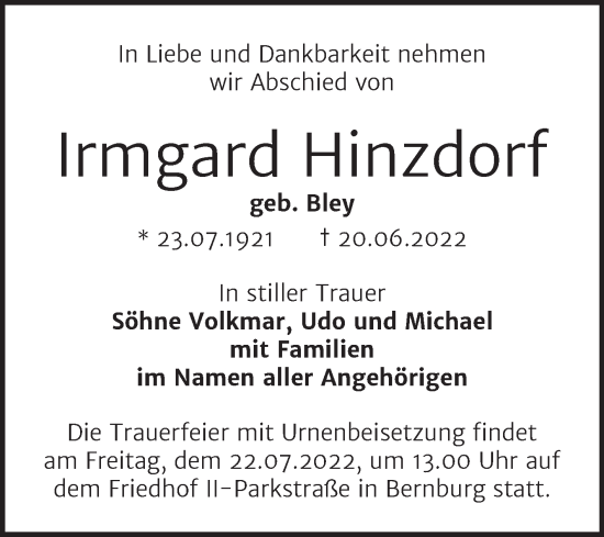 Traueranzeige von Irmgard Hinzdorf von Trauerkombi Bernburg
