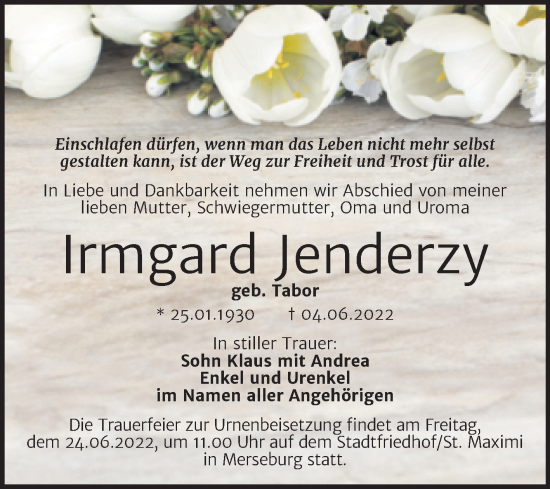 Traueranzeige von Irmgard Jenderzy von Trauerkombi Merseburg