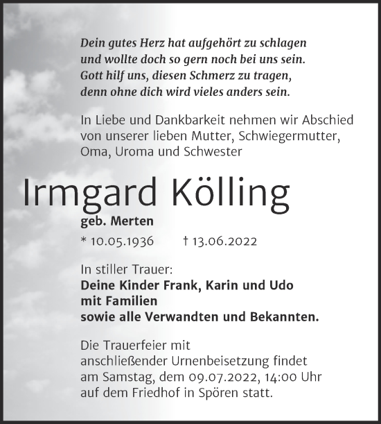 Traueranzeige von Irmgard Kölling von Trauerkombi Bitterfeld
