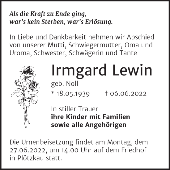 Traueranzeige von Irmgard Lewin von Trauerkombi Bernburg