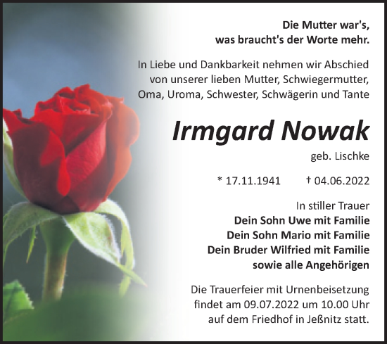 Traueranzeige von Irmgard Nowak von Trauerkombi Bitterfeld