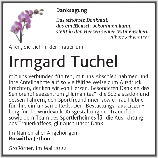 Traueranzeige von Irmgard Tuchel von Trauerkombi Mansfelder Land