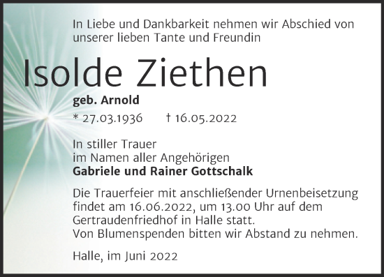 Traueranzeige von Isolde Ziethen von Mitteldeutsche Zeitung Halle/Saalkreis