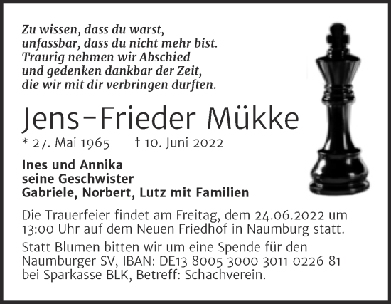 Traueranzeige von Jens-Frieder Mükke von Naumburger Tageblatt
