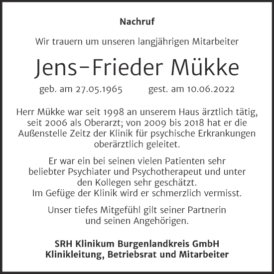 Traueranzeige von Jens-Frieder Mükke von Naumburger Tageblatt