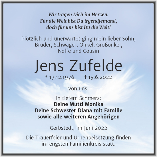 Traueranzeige von Jens Zufelde von Trauerkombi Mansfelder Land