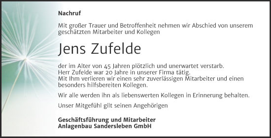 Traueranzeige von Jens Zufelde von Mitteldeutsche Zeitung Mansfelder Land