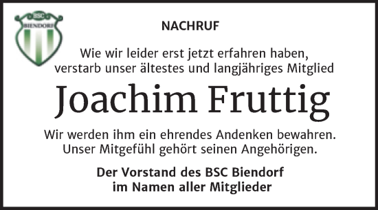 Traueranzeige von Joachim Fruttig von Super Sonntag Bernburg