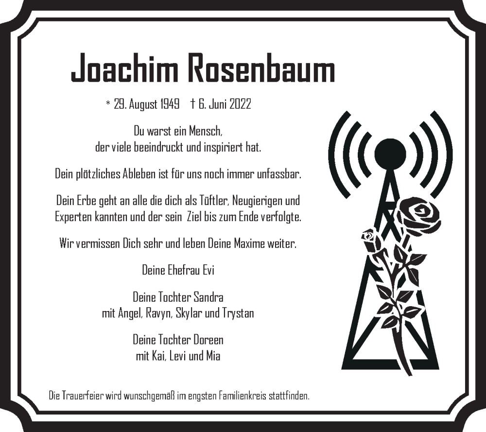  Traueranzeige für Joachim Rosenbaum vom 11.06.2022 aus Trauerkombi Sangerhausen