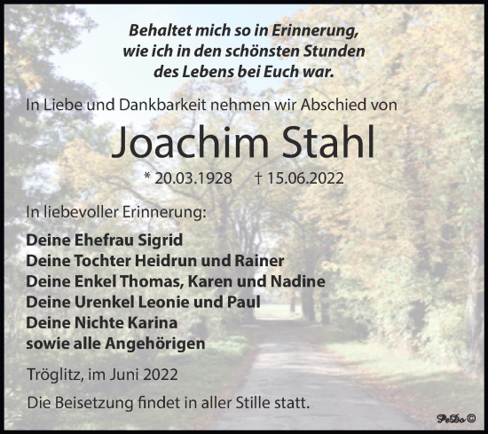 Traueranzeige von Joachim Stahl von Trauerkombi Zeitz