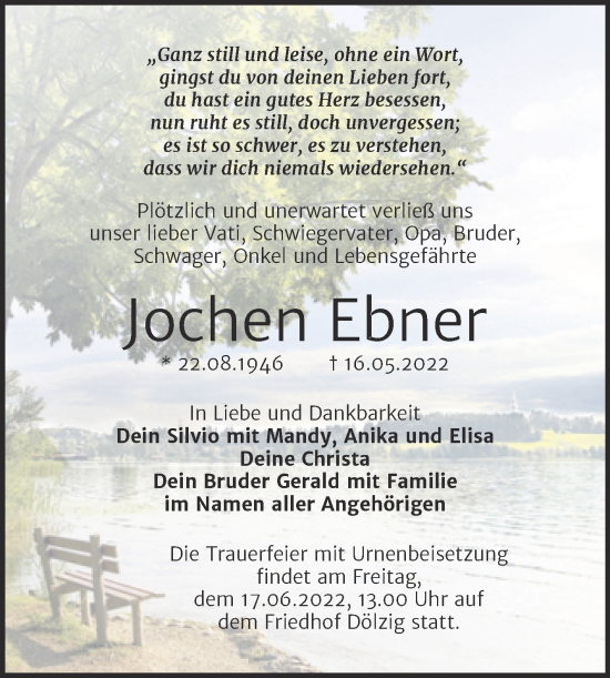 Traueranzeige von Jochen Ebner von Trauerkombi Merseburg