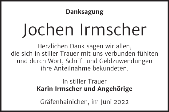Traueranzeige von Jochen Irmscher von Trauerkombi Wittenberg