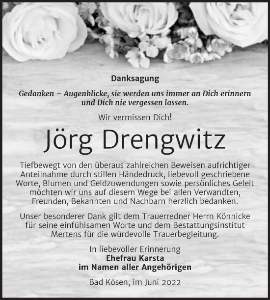 Traueranzeige von Jörg Drengwitz von Wochenspiegel Naumburg/Nebra