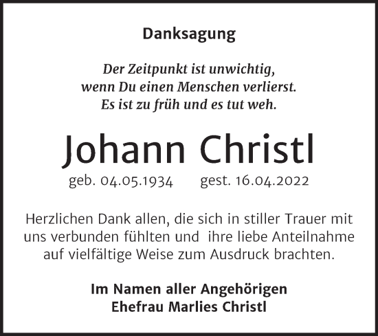 Traueranzeige von Johann Christl von Trauerkombi Bitterfeld