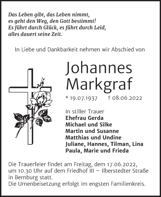 Traueranzeige von Johannes Markgraf von Mitteldeutsche Zeitung Bernburg