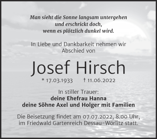Traueranzeige von Josef Hirsch von Trauerkombi Wittenberg