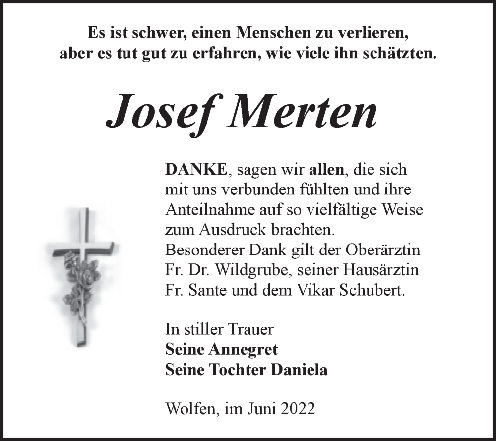  Traueranzeige für Josef Merten vom 08.06.2022 aus Trauerkombi Bitterfeld