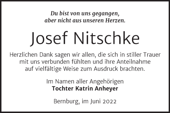 Traueranzeige von Josef Nitschke von Trauerkombi Bernburg