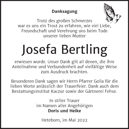 Traueranzeige von Josefa Bertling von Trauerkombi Quedlinburg