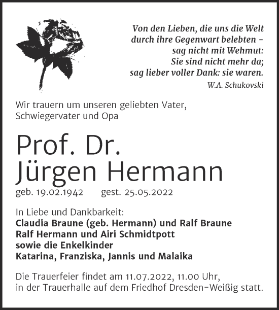 Traueranzeige von Jürgen Hermann von Mitteldeutsche Zeitung Halle/Saalkreis