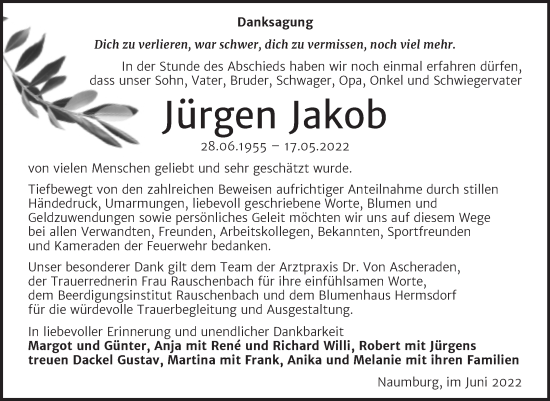 Traueranzeige von Jürgen Jakob von Wochenspiegel Naumburg/Nebra