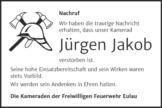 Traueranzeige von Jürgen Jakob von Wochenspiegel Naumburg/Nebra