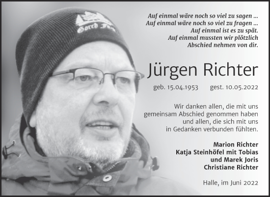 Traueranzeige von Jürgen Richter von Mitteldeutsche Zeitung Halle/Saalkreis