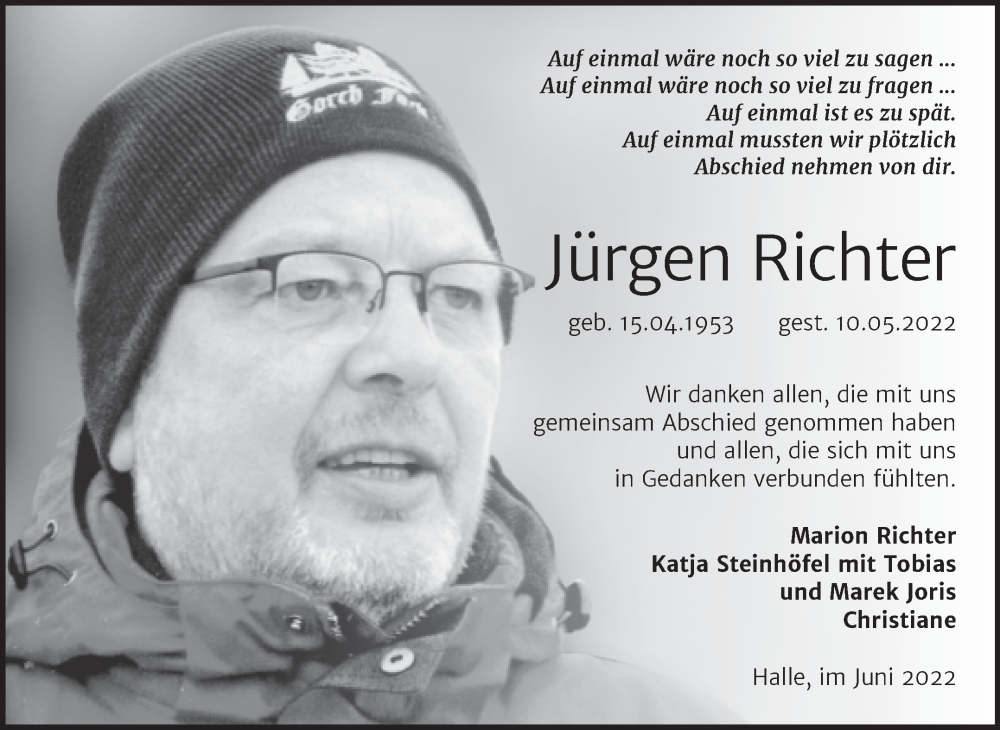  Traueranzeige für Jürgen Richter vom 11.06.2022 aus Mitteldeutsche Zeitung Halle/Saalkreis