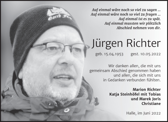 Traueranzeige von Jürgen Richter von Mitteldeutsche Zeitung Halle/Saalkreis