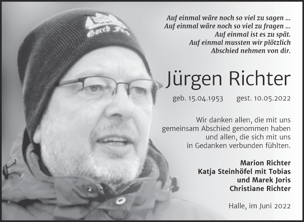  Traueranzeige für Jürgen Richter vom 18.06.2022 aus Mitteldeutsche Zeitung Halle/Saalkreis