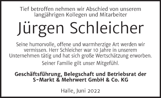 Traueranzeige von Jürgen Schleicher von Mitteldeutsche Zeitung Halle/Saalkreis