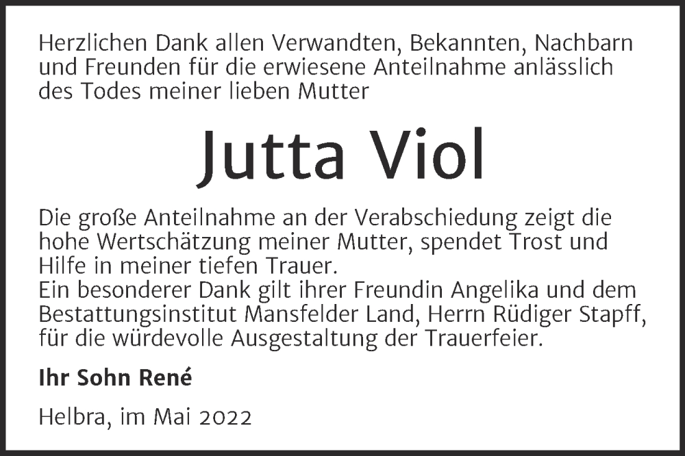  Traueranzeige für Jutta Viol vom 15.06.2022 aus Trauerkombi Mansfelder Land