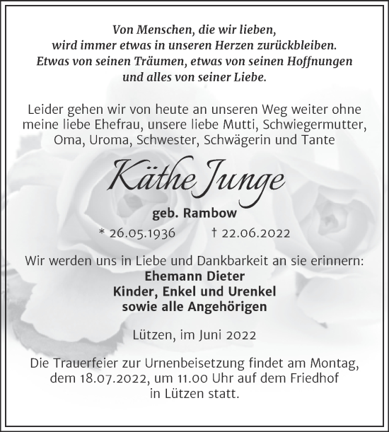 Traueranzeige von Käthe Junge von Trauerkombi Weißenfels