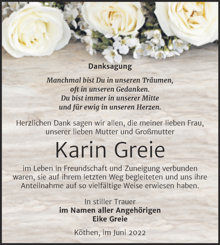  Traueranzeige für Karin Greie vom 22.06.2022 aus Trauerkombi Köthen
