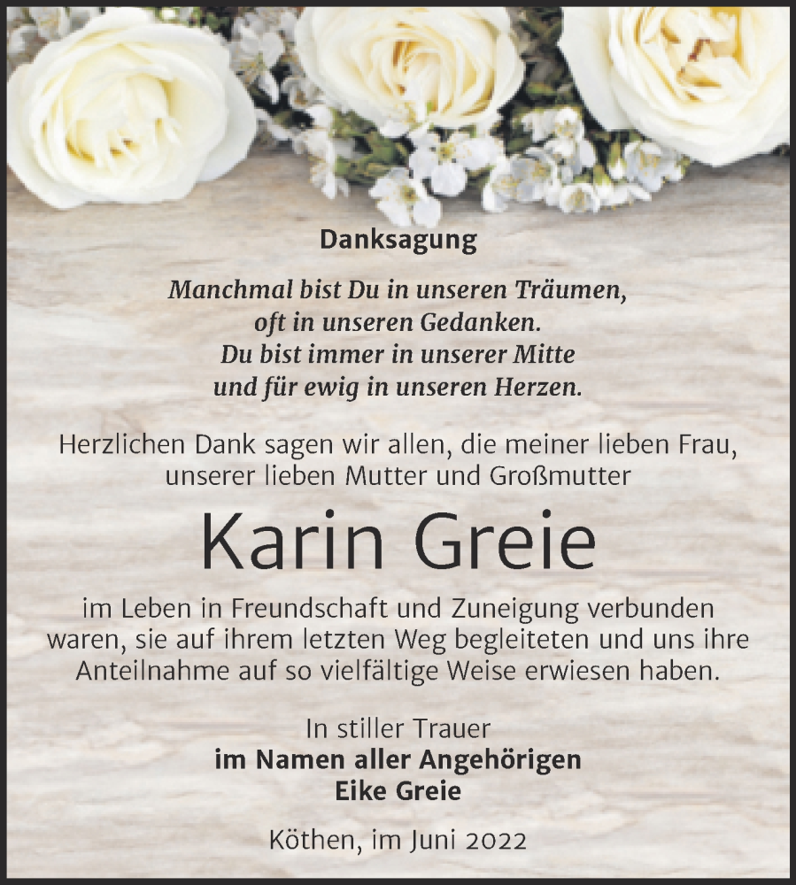  Traueranzeige für Karin Greie vom 25.06.2022 aus Trauerkombi Köthen