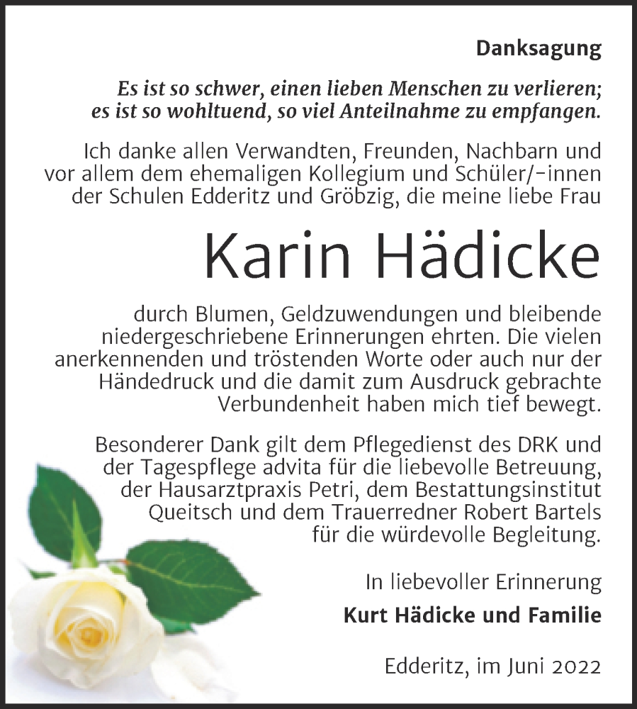  Traueranzeige für Karin Hädicke vom 25.06.2022 aus Trauerkombi Köthen