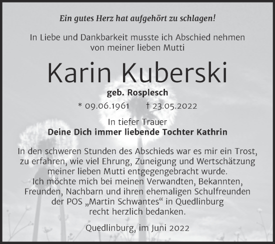 Traueranzeige von Karin Kuberski von Trauerkombi Quedlinburg