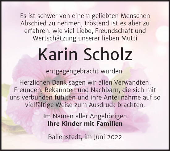 Traueranzeige von Karin Scholz von Trauerkombi Quedlinburg