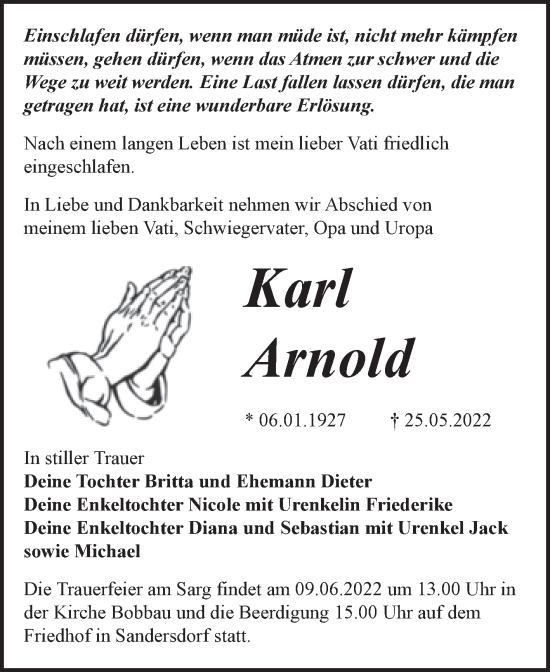 Traueranzeige von Karl Arnold von Trauerkombi Bitterfeld