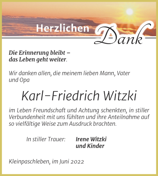 Traueranzeige von Karl-Friedrich Witzki von Trauerkombi Köthen