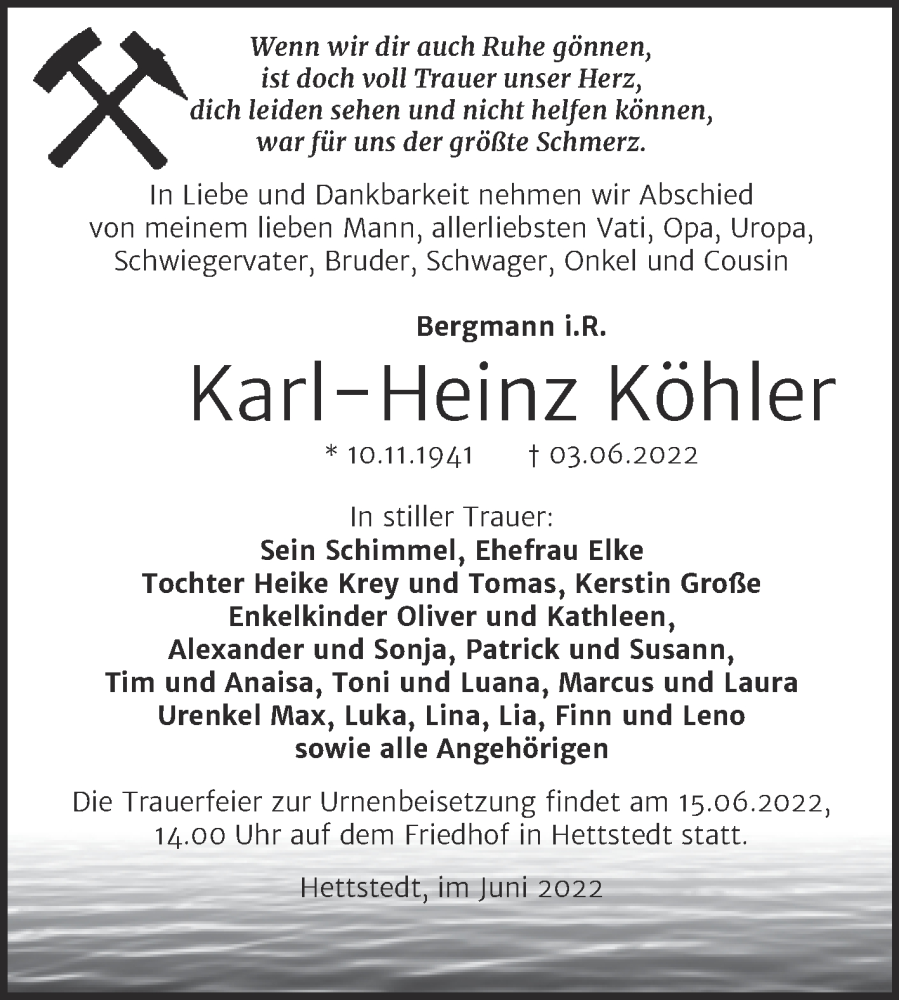  Traueranzeige für Karl-Heinz Köhler vom 11.06.2022 aus Trauerkombi Mansfelder Land