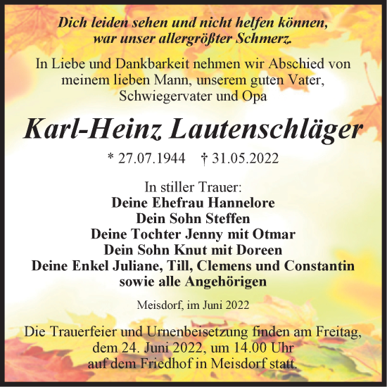 Traueranzeige von Karl-Heinz Lautenschläger von Trauerkombi Quedlinburg