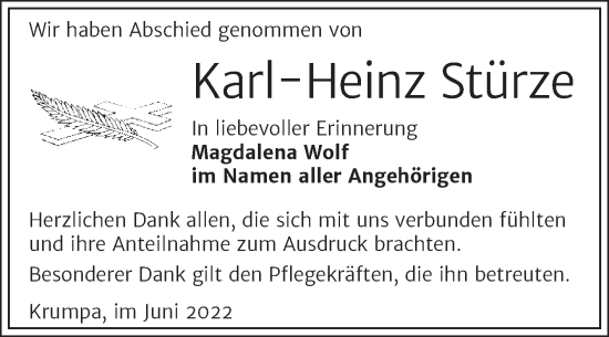 Traueranzeige von Karl-Heinz Stürze von Trauerkombi Merseburg